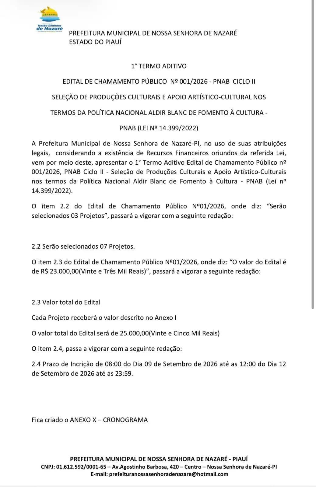 Foto 1 – Prefeitura de Nossa Senhora de Nazaré publica 1º Termo Aditivo do Edital nº 001/2026 – PNAB Ciclo II