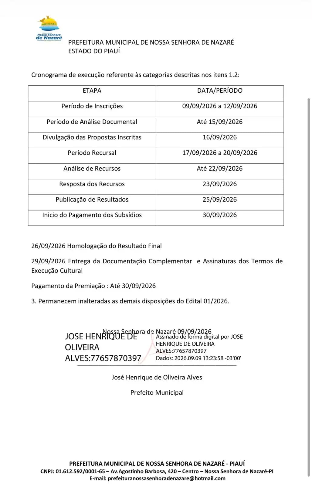 Foto 2 – Prefeitura de Nossa Senhora de Nazaré publica 1º Termo Aditivo do Edital nº 001/2026 – PNAB Ciclo II